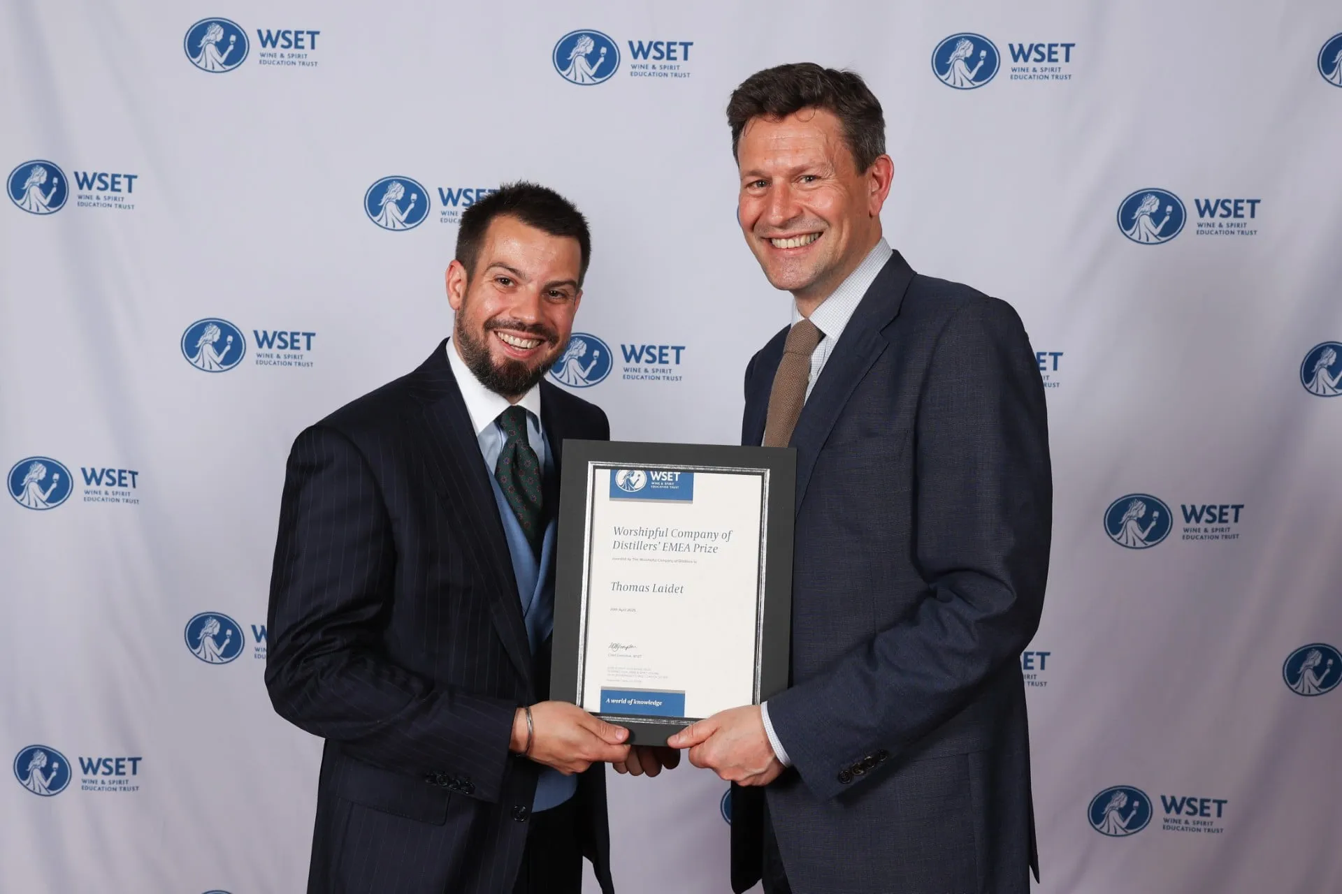 Thomas Loidet receiving the Worshipful Company of Distillers EMEA prize at a WSET awards ceremony.